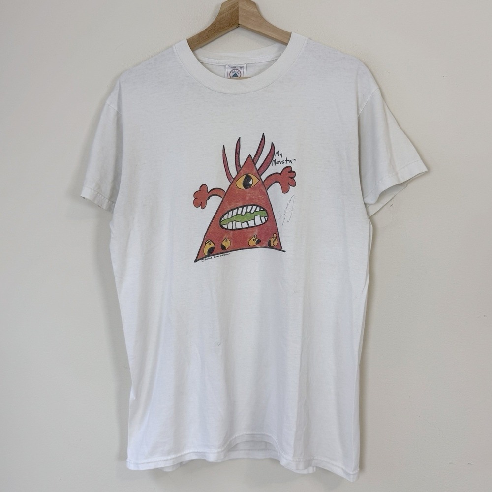 Vintage 90's My Monsta Monster Skate Art Graphic White Tee Shirt - Medium